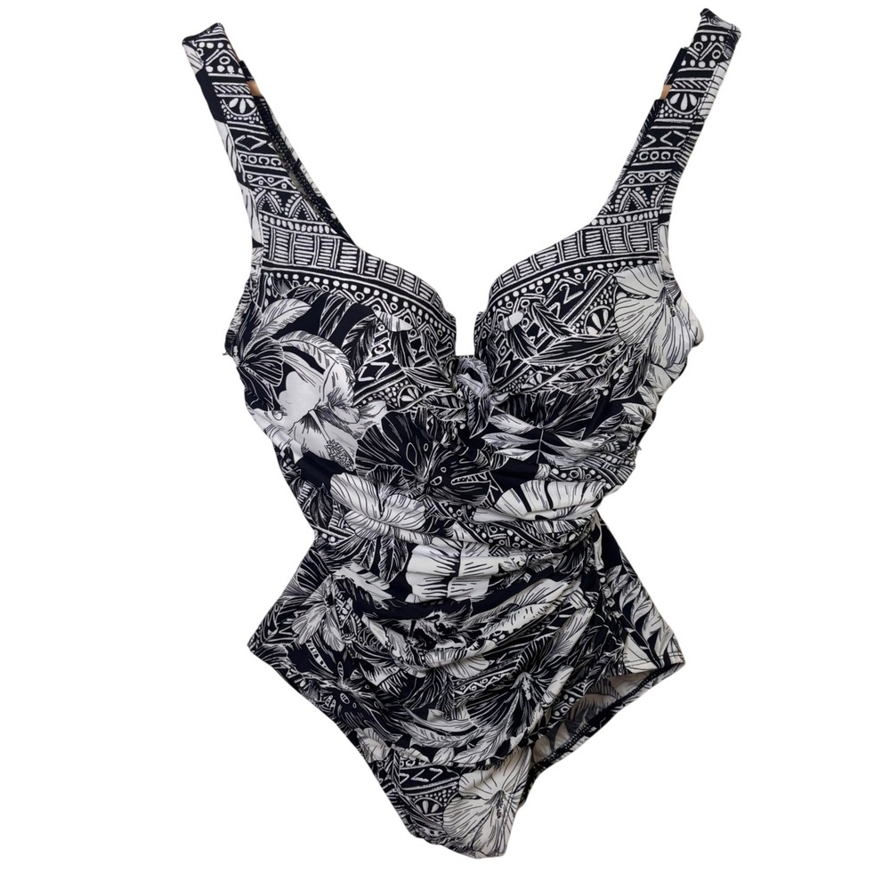 Miraclesuit Womens Swimsuit Sz 10 One Piece Black White Floral